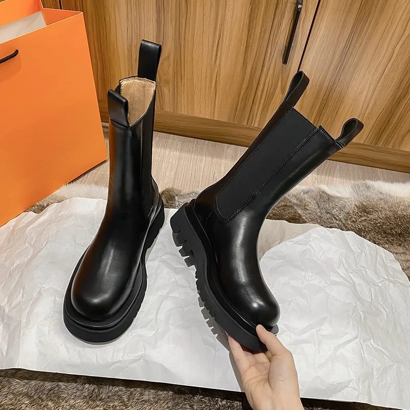 Botines Chelsea de lujo para mujer, Botas gruesas con plataforma y tacón grueso, de marca, para invierno