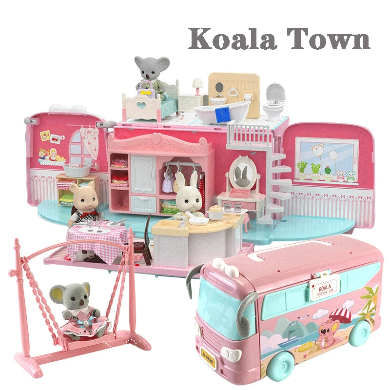 

Bus House Pretend Play Forest Animal Villa Set DIY Toy Simulation Furniture Bedroom Set Table Chair Girl Miniatures Doll For Kid