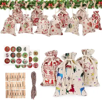 

Christmas Advent Calendar Bags Set 24 Day Advent Calendar Gift Jute Sack Drawstring Bags DIY Christmas Embellishments with Clips