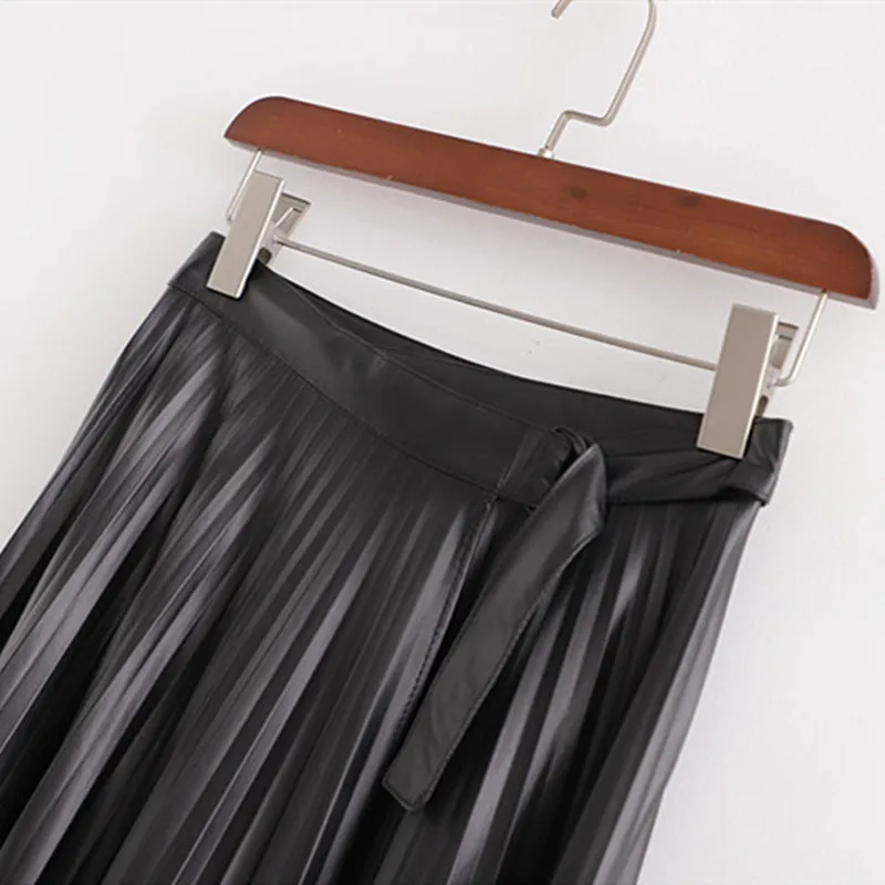 NSZ женская черная плиссированная юбка из искусственной кожи с высокой талией, свободные винтажные трапециевидные миди юбки