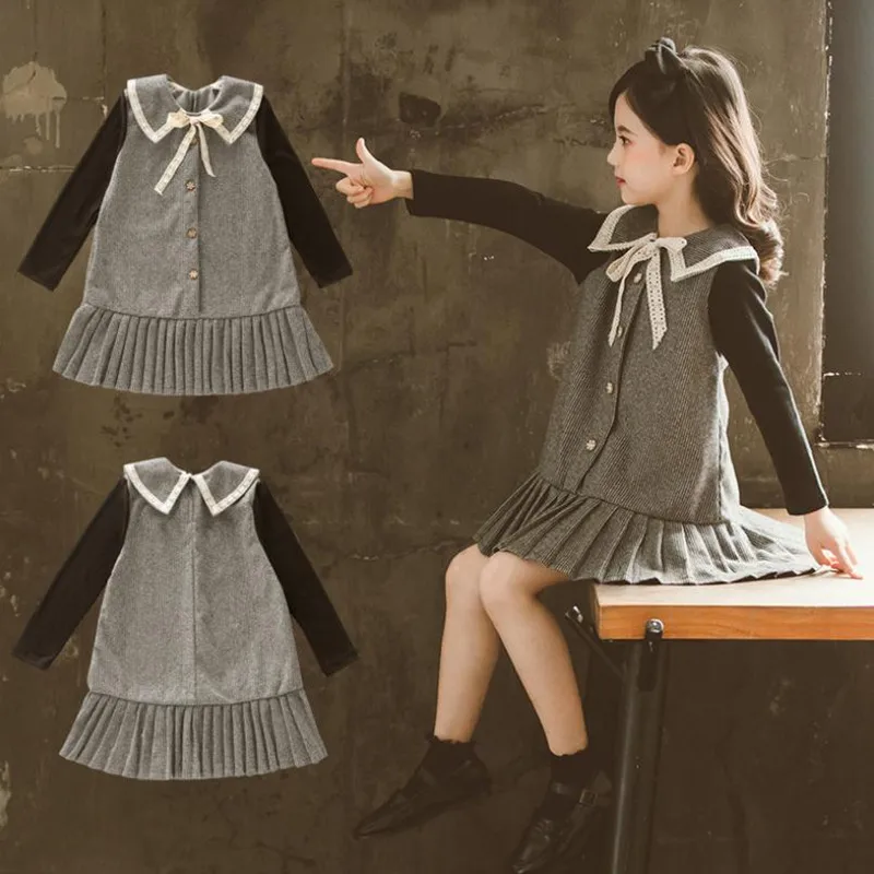 DFXD/платье для девочек в английском стиле плиссированное платье принцессы с длинными рукавами, с узором «гусиная лапка» и кружевным бантом одежда для девочек от 3 до 12 лет, Vestidos