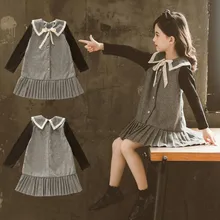 DFXD/платье для девочек в английском стиле плиссированное платье принцессы с длинными рукавами, с узором «гусиная лапка» и кружевным бантом одежда для девочек от 3 до 12 лет, Vestidos