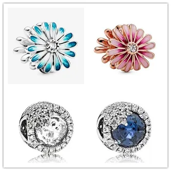 

925 Sterling Silver Charm Blue Daisy Flower Charm Bead Fit Women Pandora Bracelet & Necklace Jewelry