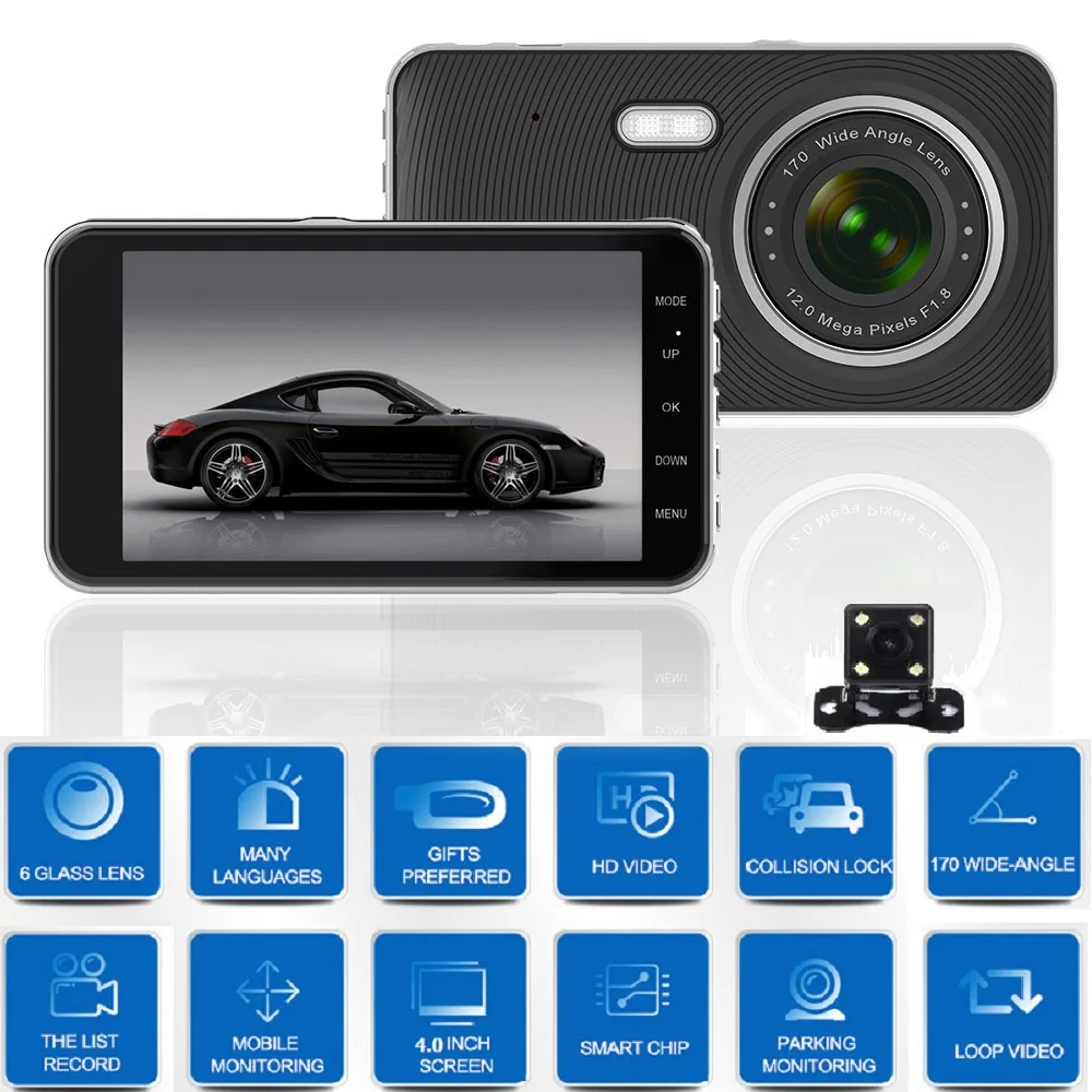 

CarDvr 4.0 InchNight Vision DashCam With Rear View Camera Full HD 1080P Dual Lens Video Recorder Auto Registrars Vehicle Dashcam