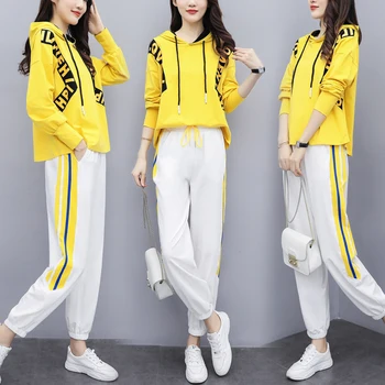 

2020 spring women's fashion Letter Print Hoodie tops+white pants suits female casual Sportswear 2 piece sets