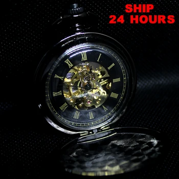 

Retro Black Pocket Watch Mechanical Skeleton Pocket Clock Necklace Pocket Fob Watch Chain Free Shipping Ship 24 Hours