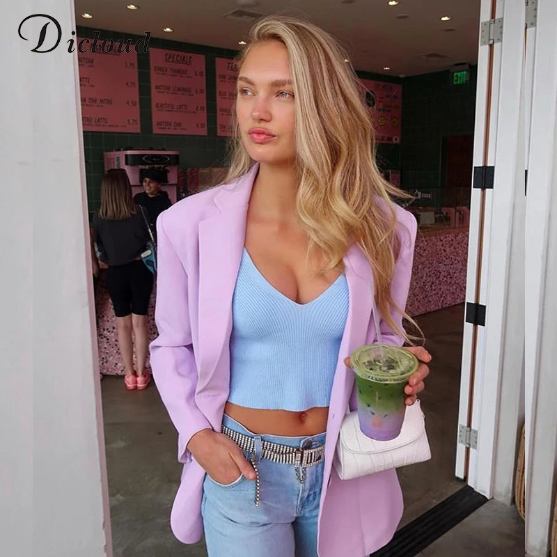 DICLOUD Violet Oversize Blazer With Pocket Women Autumn Winter Long Sleeve Solid Long Jacket Office Lady Fashion Streetwear