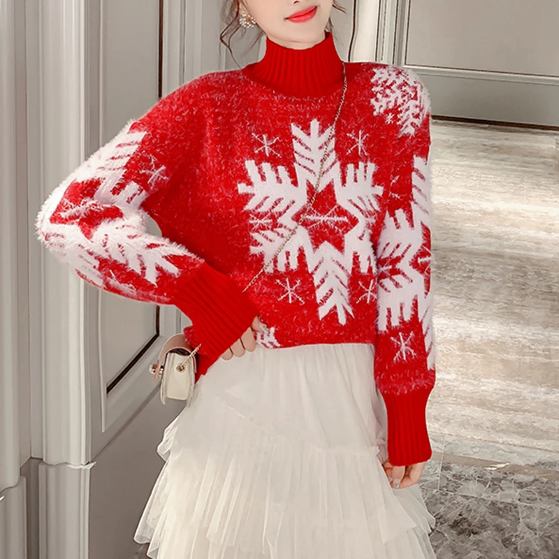 

Woman Sweater New Year 2020 Snowflake Pattern Red Jumper Soft Fashion Chic Cashmere Christmas Plush Knit Fashion Warm Thick wool