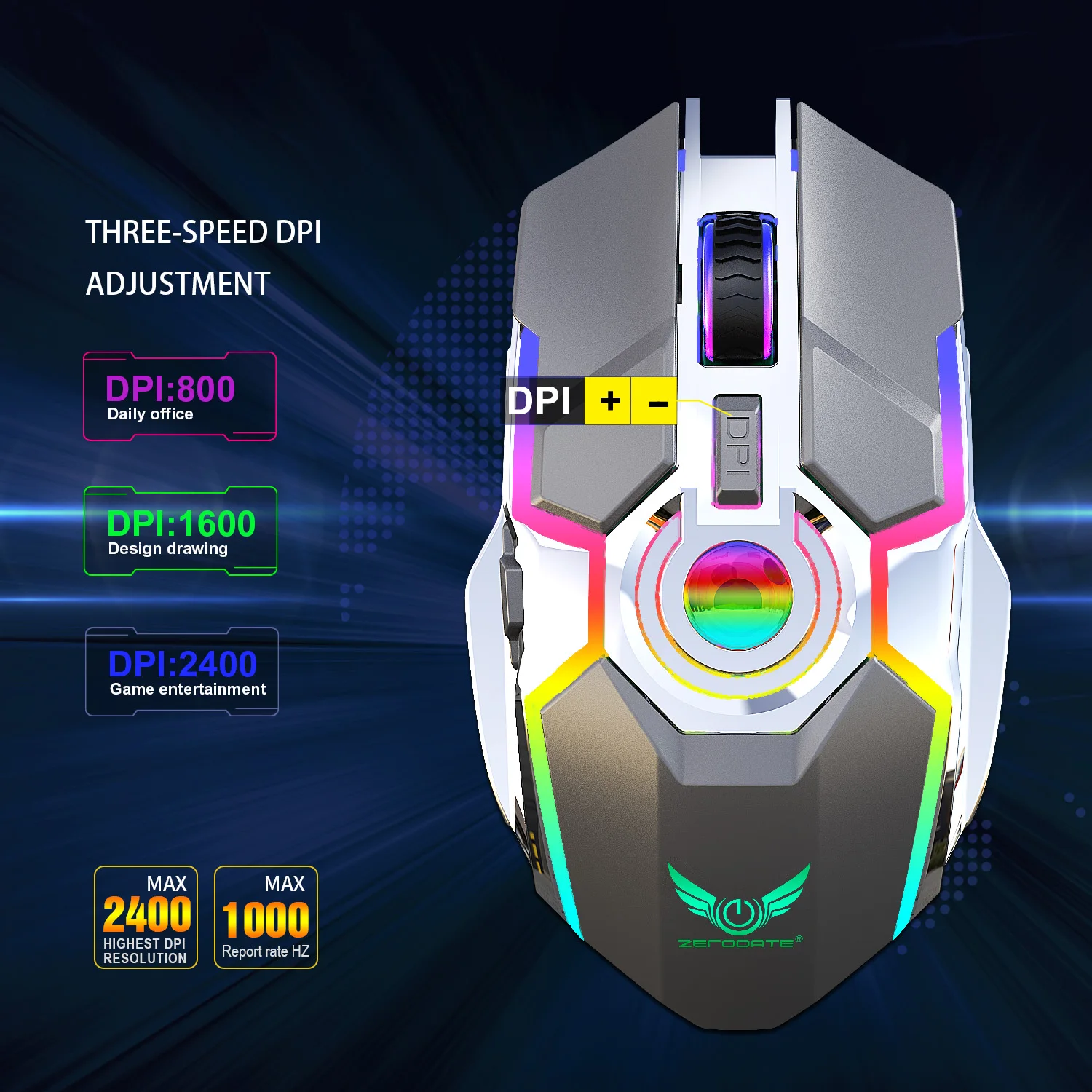 ZERODATE новая перезаряжаемая мышь RGB свет беспроводная мышь 2,4G Регулируемая dpi игровой плеер офисный ПК для игрового плеера