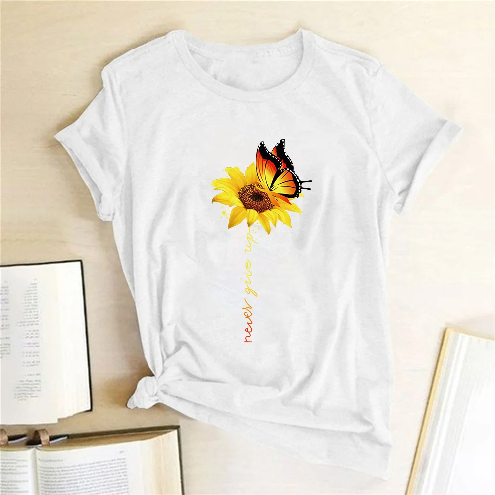 Эстетическая хлопковая футболка, Женская Футболка Harajuku с графическим рисунком, женская футболка, Подсолнух, цветок, бабочка, белая женская футболка, футболка с надписью Never Give Up