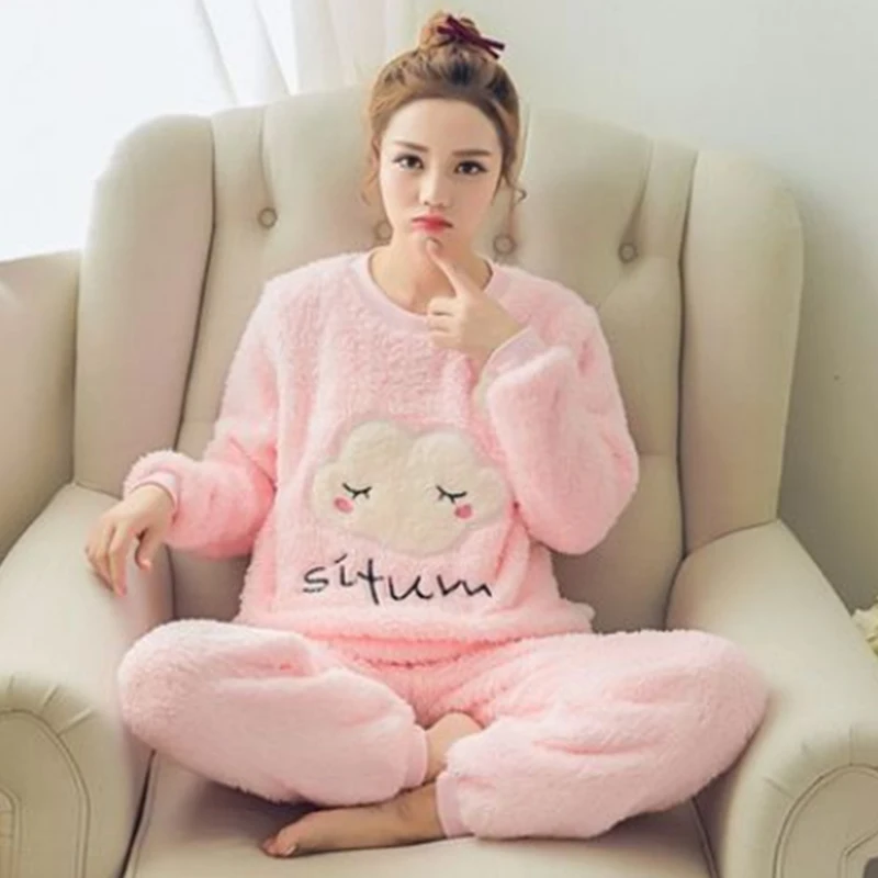 

Flannel Pajamas Set Women Plush Warm Sexy Autumn Winter Thick Pyjamas Flannel Home Spring Cartoon Student Sleepwear 2Piece/Set