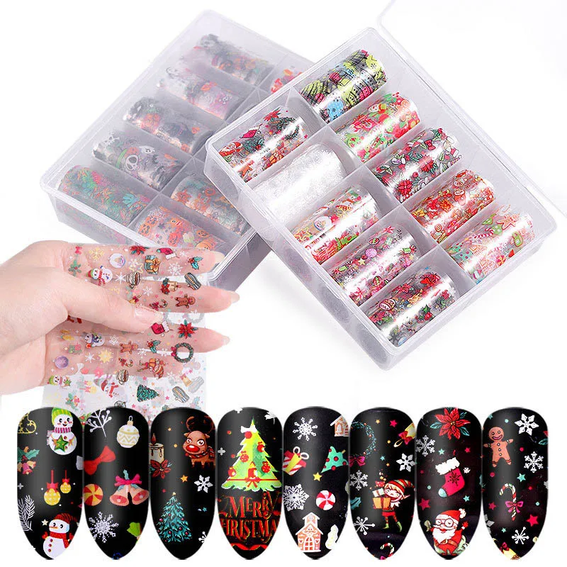 

10pcs Christmas Decorations for Nails Mix Colorful Transfer Nail Foil Sticker Snow Flower Elk Gift Santa Adhesive Paper