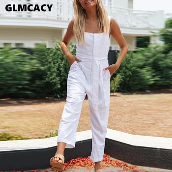 

Women Spaghetti Strap Buckle Design Wrap Wide Leg Jumpsuit Solid Casual Chic Overalls