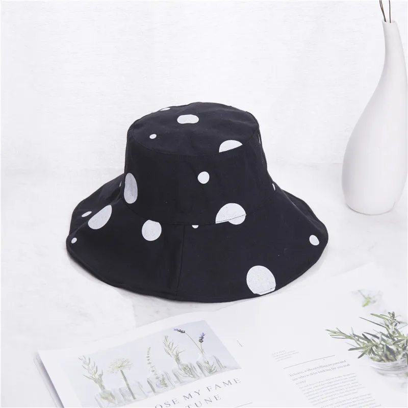 Sun Hat Women Summer Foldable Bucket Hat Harajuku Large Brim Dot Printed Beach Sun Hat Japanese Style Yellow Black Khaki Beige   (15)