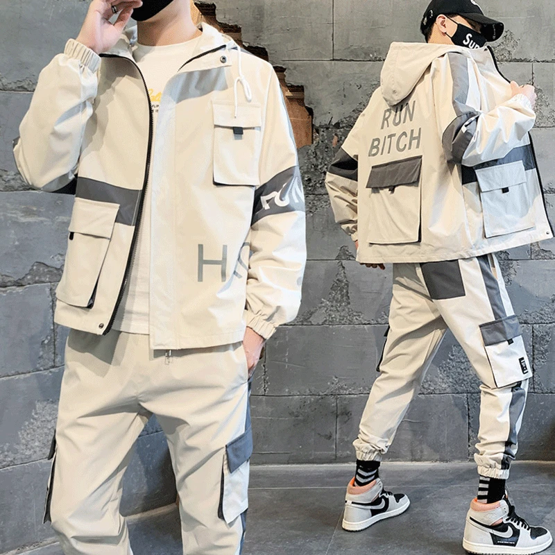 

Men's Tracksuit Set Hooded Loose Jacket+Pants Sporting Suit Two Piece Male Hip Hop Street Big Pocket Workwear For Men Clothing