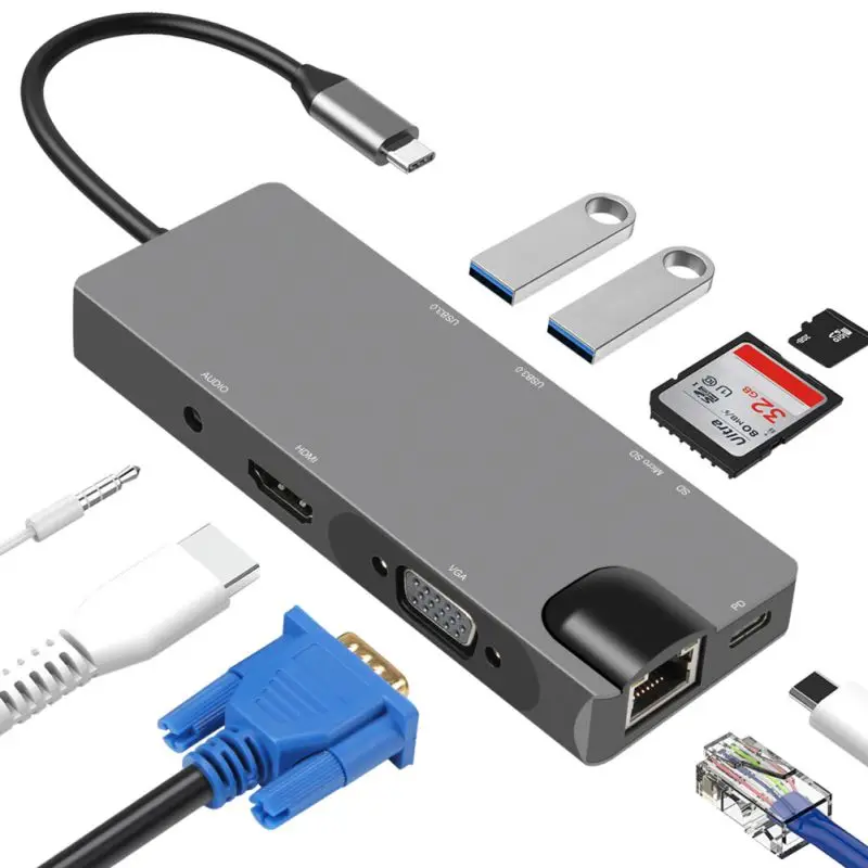 USB C на Hdmi VGA Ethernet адаптер Тип-c многофункциональный концентратор 4K HD usb-хаб 9 в 1 док-станции