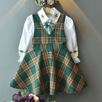 

Kid Baby Girl Skirt New Style Long Sleeve Beautiful Dress T-shirt Blouse Strap Plaid Print Dress Casual Outfits Set