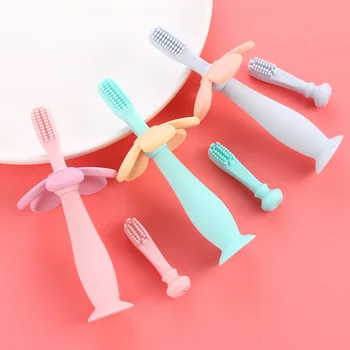 

Baby Silicone Toothbrushes Prevent Deep mouth Anti-jamming Design Cartoon Flower Suction Toothbrush Oral Complete Clean Supplies