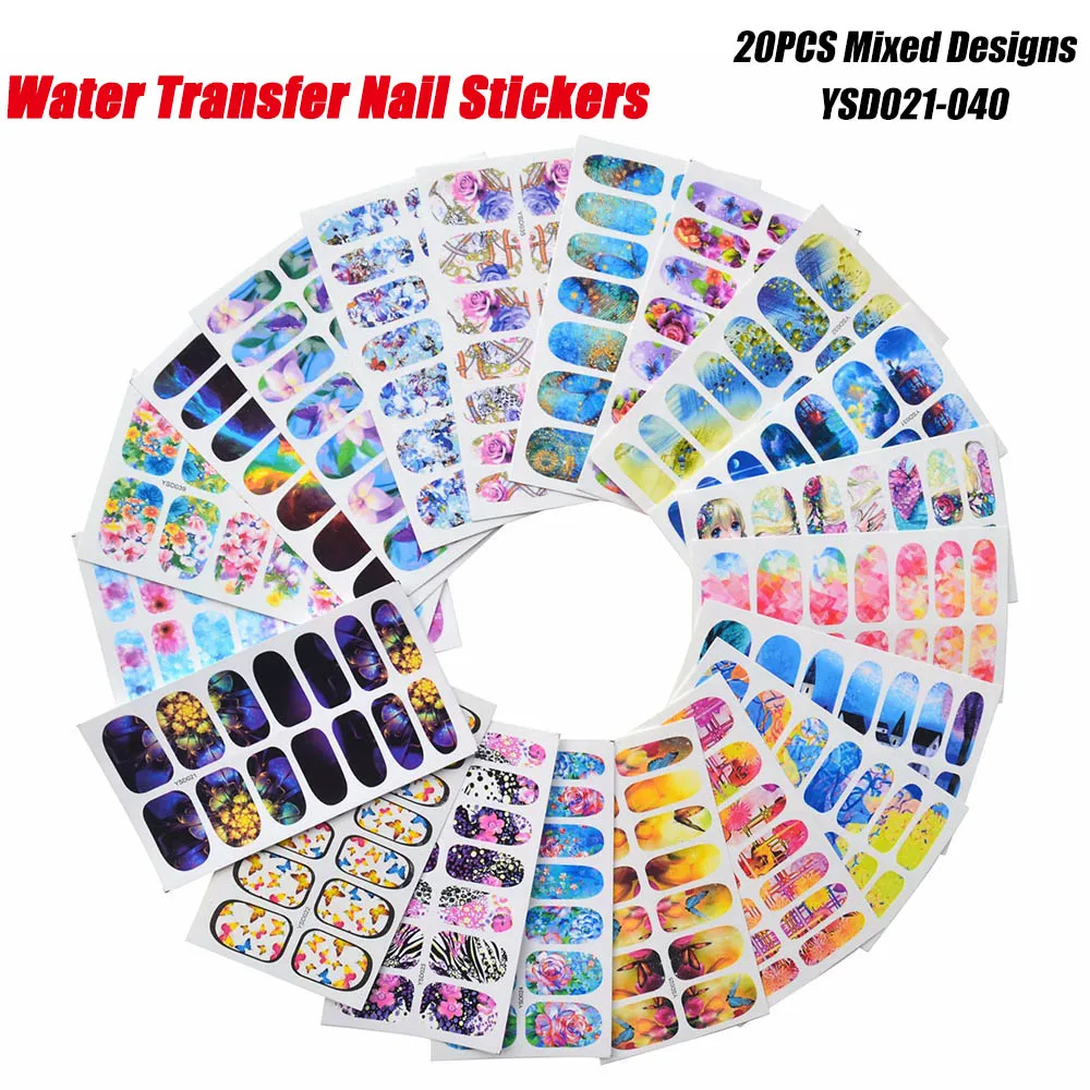 

20Pcs Hybrid Design Full Cover Water Transfer Nail Sticker Environmental Protection Full Paste Water Nail Tool