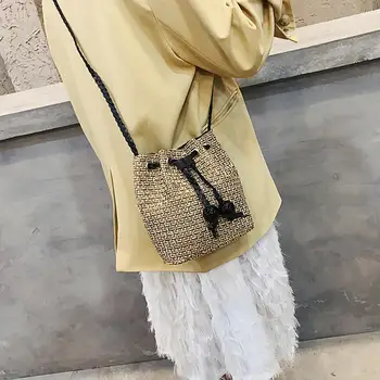 

Straw Woven Small Shoulder Bags Summer Beach Bead Women Drawstring Bucket Splicing Crossbody Ladies Knitting Handbags