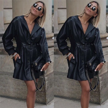 

New Fashion PU Leather Coat Long Sleeve Turn-Down Collar Slim Autumn Winter Clothing Black Long Women Jackets Streetwear