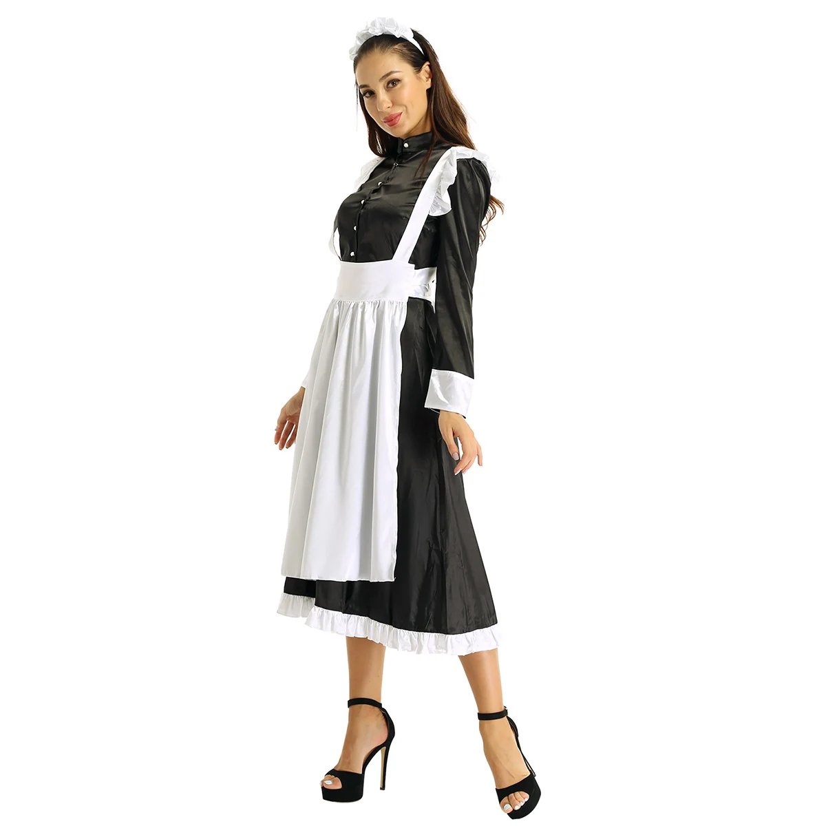 Cena Iiniim kobiet dorosłych pokojówka Cosplay kostium Clubwear kobiet z przodu w dół długi Maxi Fancy Dress z fartuch i nakrycie głowy