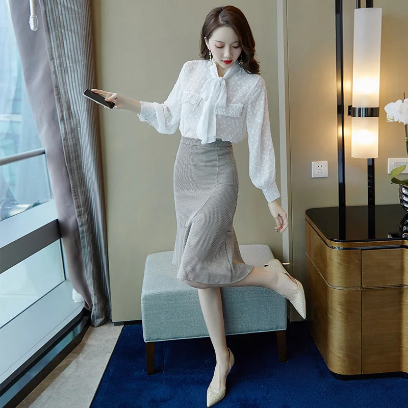 

9403 Manufacturers Wholesale 2019 Autumn New Style Korean-style WOMEN'S Wear Elegant Commuting Chiffon Shirt Two-Piece Set