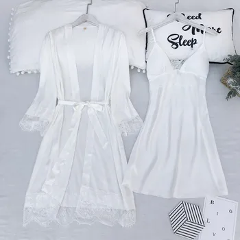 

Women Satin 2PCS Nighty&Robe Set Chinese Style Bride Bridesmaid Wedding Robe Gown Sleepwear Lace Homewear Sexy Nightwear