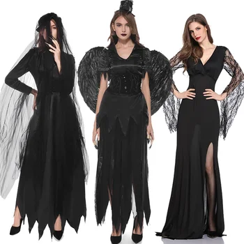 

Halloween Cosplay Costumes for Women Adult Witch Black Angel Demon Long Big Wings Lace Dress Masquerade Party Vampire Costumes