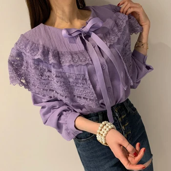 

Spring Women's Purple Shirts Femme Ruffles Collar Shirts Lady Long Sleeve Ruffles Tops