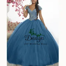 Vestidos de 15 anos quinceanera глубокий v-образный вырез бисер кристаллы тюль на заказ Пышное Платье с аппликацией милое 16 платье