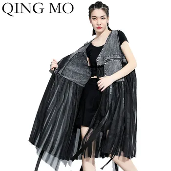 

QING MO Summer Women Denim Vest 2020 Women Mesh Patchwork Vest With Letter Ribbon Female Tassel Vest Coat ZQY4350