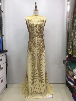 

Latest French Nigerian Laces Fabrics High Quality Tulle African Laces Fabric With Sequins For Party dress gold black JL3093