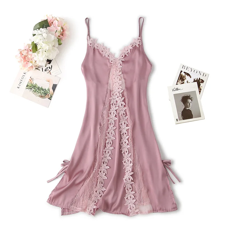 chinese dress ladies Pink 1940s Satin Polka Dot Lace Trim Backless Nightdress