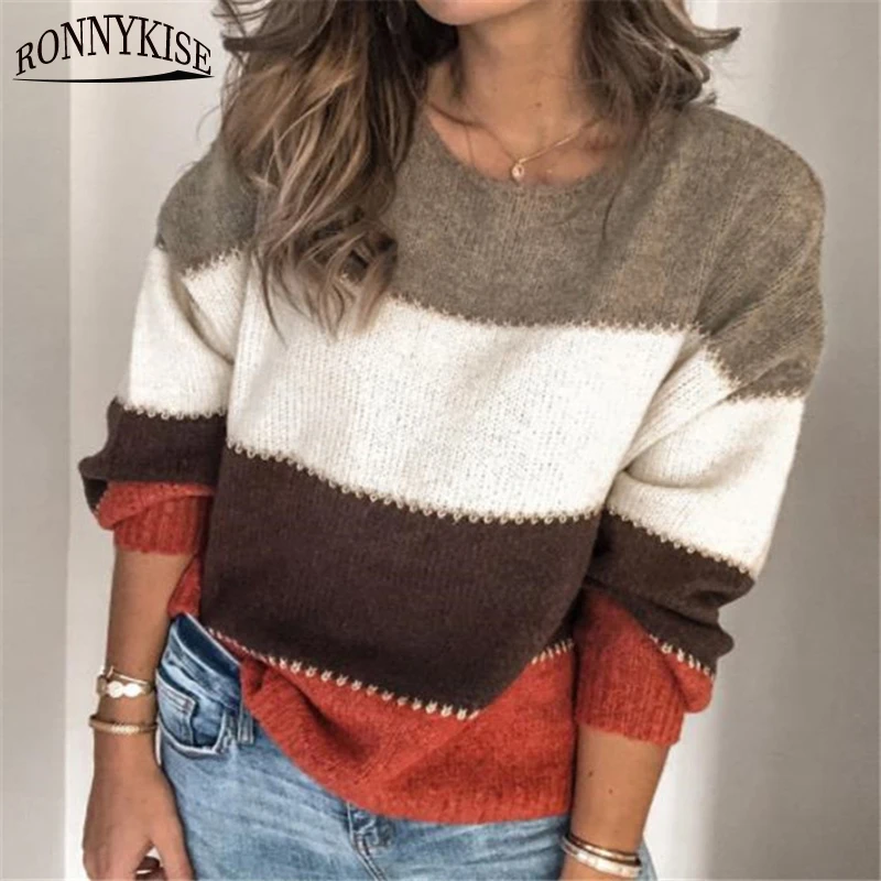 Ceny RONNYKISE kolor patchworku swetry z dzianiny topy moda zimowa z długim rękawem O neck Casual luźne swetry dla kobiet