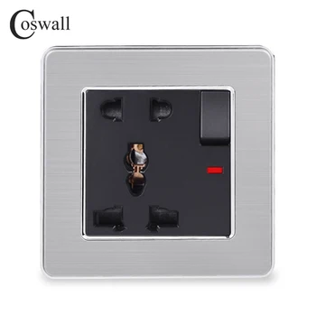 

COSWALL Stainless Steel Panel 1 Gang 13A Universal 5 Hole Switched Socket With Neon Grounded With Children Protective Door