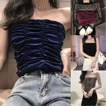 

Women's Sexy Sleeveless Pleated Elastic Velvet Off-The-Shoulder Anti-Going Light Wild Tube Top Solid Folds Short Tube Top.w