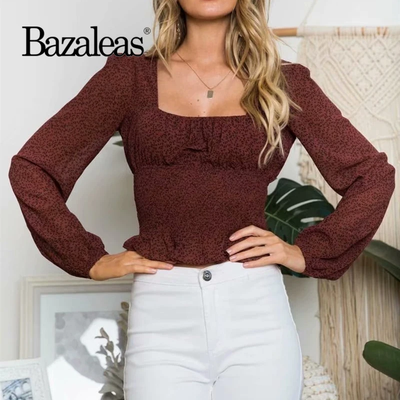 Женская шифоновая блузка с длинным рукавом Bazaleas винтажная облегающая винного