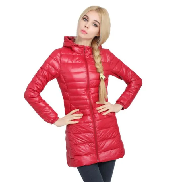 Женский пуховик, зимняя белая куртка на утином пуху, Женская длинная легкая теплая Повседневная тонкая куртка, сверхлегкие пальто с капюшоном, 5XL 6XL 7XL - Цвет: Red