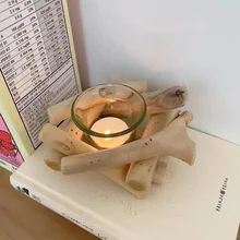 1set Handmade Rustic Wooden Candle Holder Driftwood Candle Stand Windproof Candlestick Decoration With Glass Cup And Candle