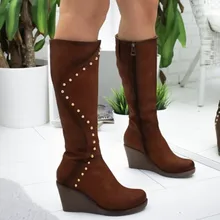 Женские ботинки; женская зимняя обувь; женские теплые зимние ботинки; модные однотонные сапоги до колена без шнуровки на танкетке со стразами;#1019