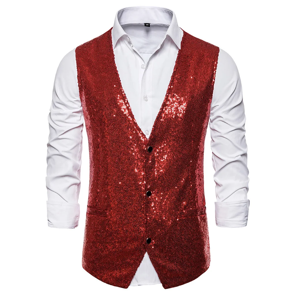 Adisputent Autumn Men Sequin Blazers Vest Gliter Suit Vest Nightclub DJ Stage Shiny Gold Sequin Bling Glitter Vest S-XXL