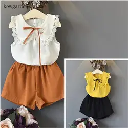 Коллекция 2019 года, комплекты детской одежды для девочек Летняя кукла воротник, кружевная футболка без рукавов + шорты Модный Детский костюм