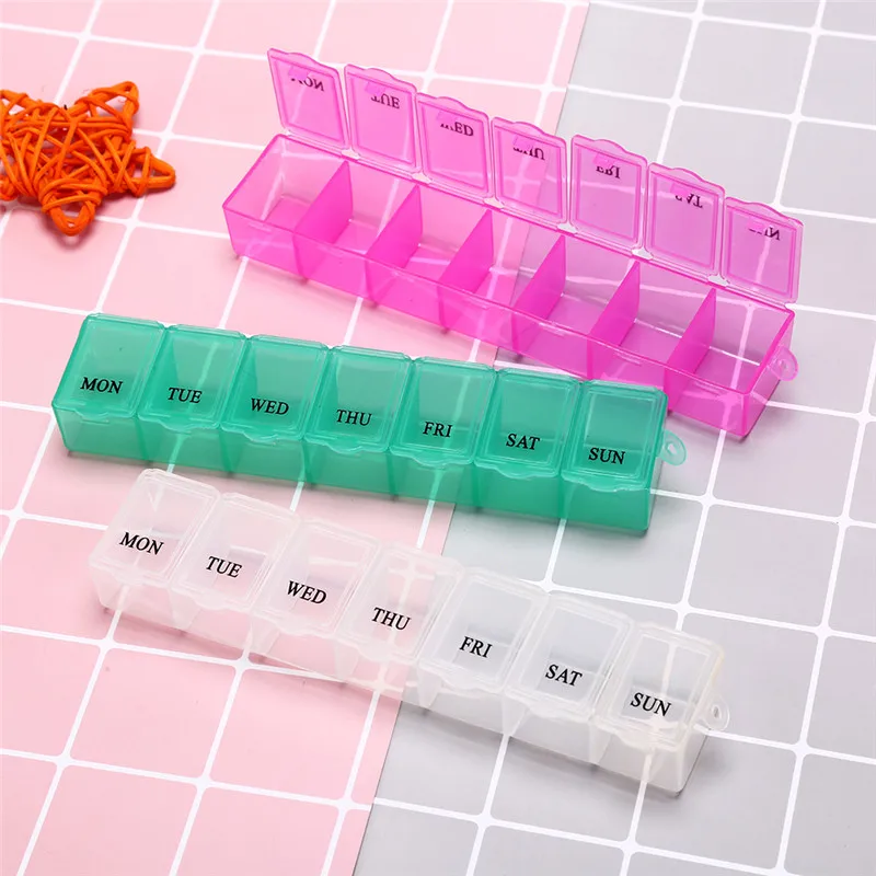 1Pc 7 Days Weekly Tablet Pill Medicine Box Holder Storage Organizer Container Case Pill Box Splitters 15x3x2.5cm