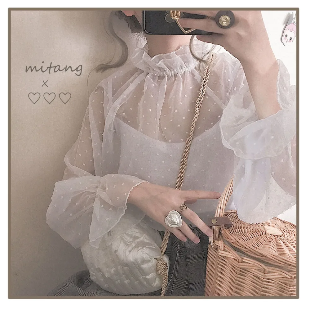 Japanese wave point gentle sweet lolita shirt transparent lace kawaii girl daily victorian shirt gothic lolita top loli cosplay lolita cosplay costumes lolita blouses