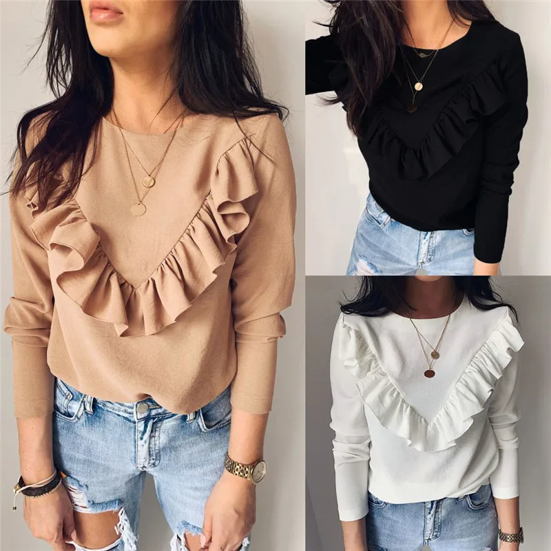 

Women Patchwork Design Ruffles Decor Shirts 2019 New Autumn Winter O-Neck Long Sleeve Solid Color Blouses Elegant Lady Slim Tops