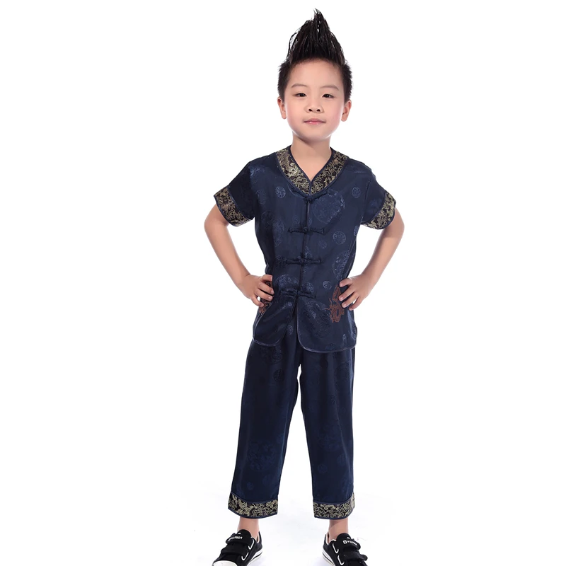 Детский Китайский традиционный костюм в стиле династии Тан кунг-фу Вышивка Дракон короткий рукав Мальчики Китай Мода Топ сценическая одежда - Цвет: Navy