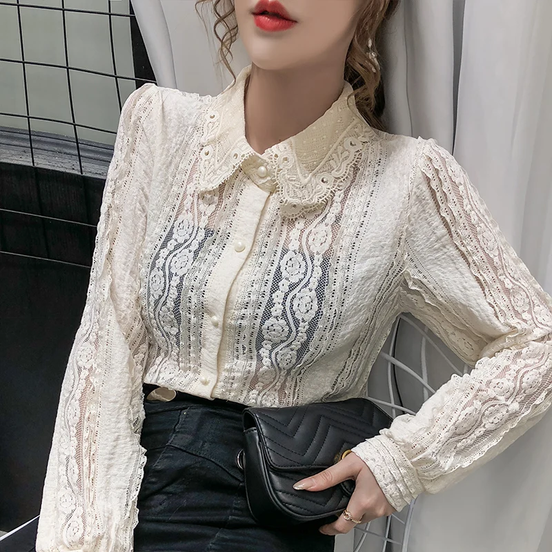 

Spring 2020 new style of western style with sexy lace hollowed-out slightly through the long sleeve lapel thin shirt blouse