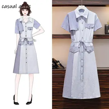 

Summer Women Blue Shirt Midi Dress Plus Size 5xl 2019 Fashion Loose Patchwork Short Sleeve Pocket Button Office Ladies Dresses