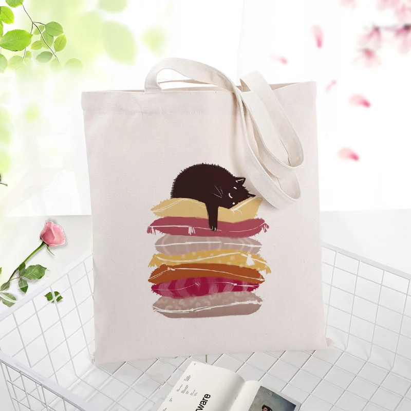 Tote Bag cat Canvas Handbag Shopping Bag Text DIY Daily Use Custom Print Logo Eco Reusable Recycle